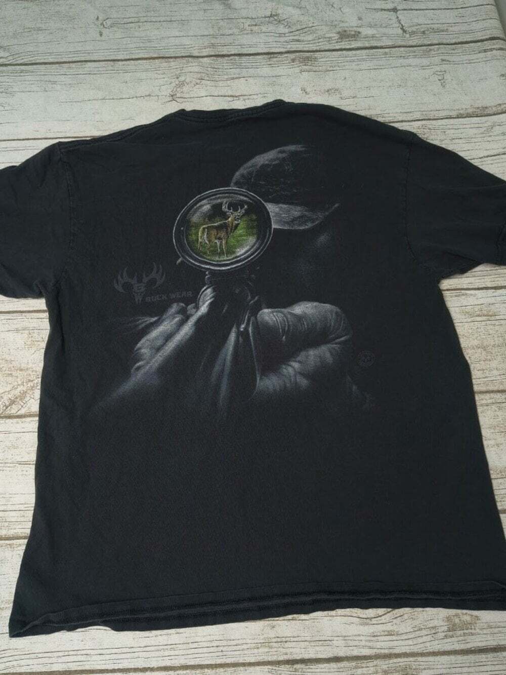 Vintage Buck Wear Graphic T-Shirt Mens Black Deer Hunting Scope Back Print Delta